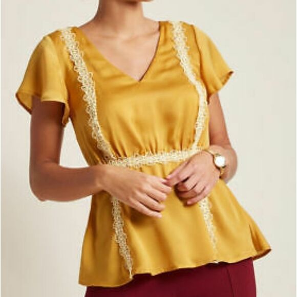 Modcloth Mustard Yellow with lace peplum style Top - Picture 1 of 5